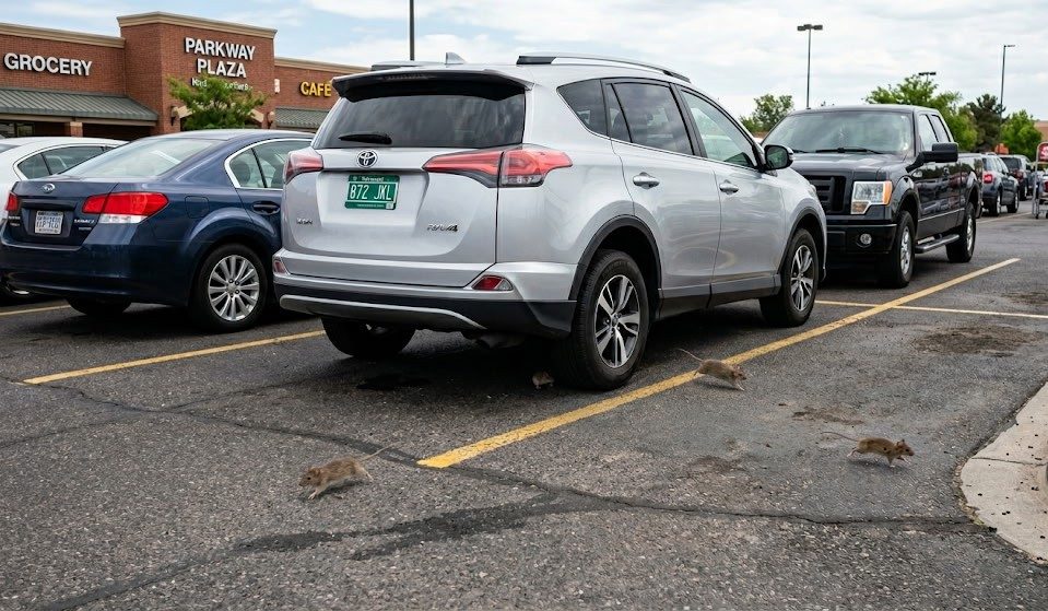 Several rodents scurrying across pavement away from a parked car