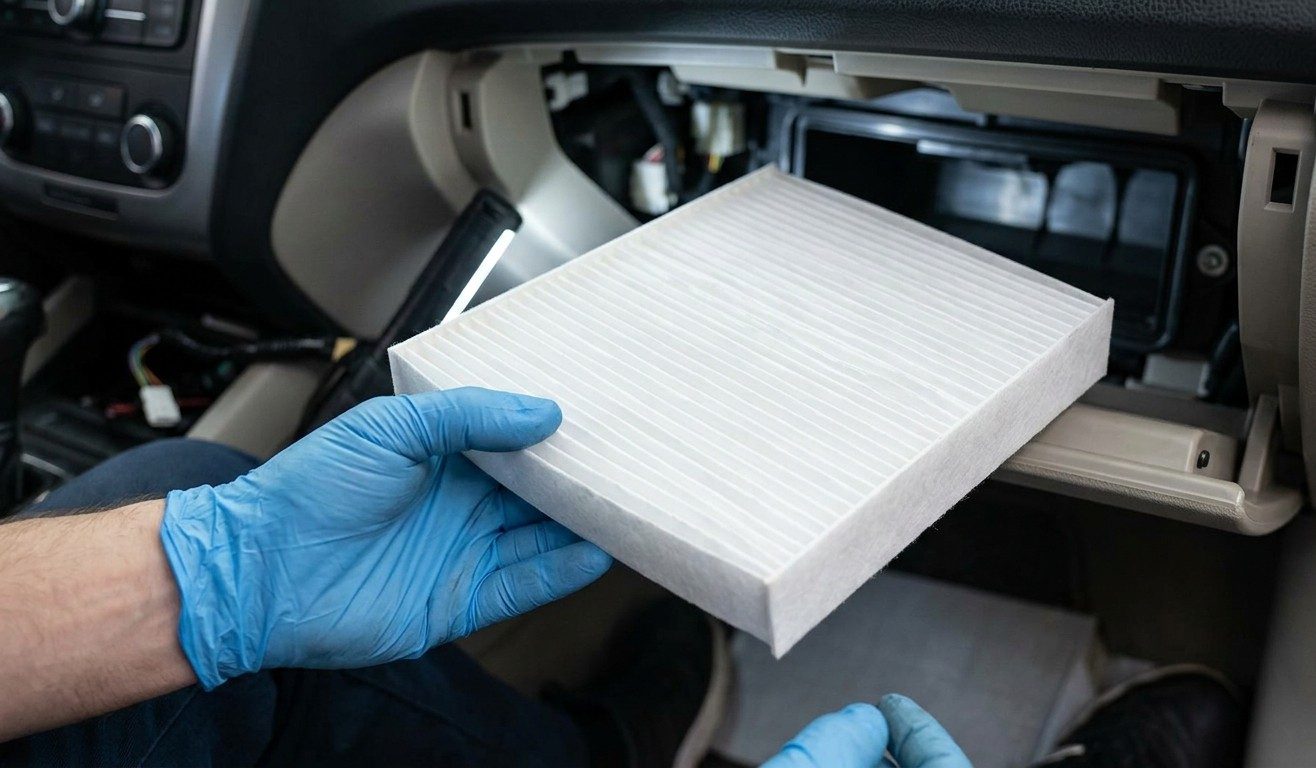 A clean white cabin air filter being installed behind a glovebox