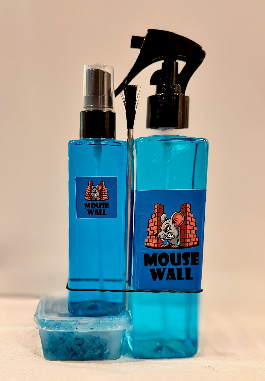 Mousewall Protection Pack — two spray bottles, an applicator brush, and a tub of Mouse Wall Paste